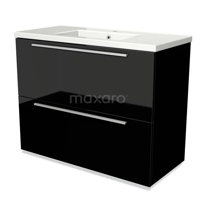 Modulo Badkamermeubel met wastafel | 100 cm Hoogglans zwart Vlak front Keramiek 2 hoge lades onder elkaar BMW13-00825