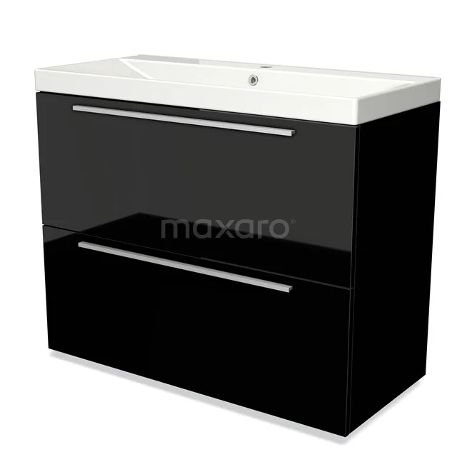 Black glossy vanity unit with two-row storage space, ceramic basin and modern design for stylish bathrooms.