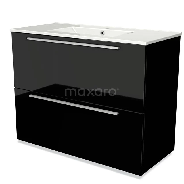 Schwarze Hochglanz Badmöbelset mit zwei Schubladen, chromatischen Griffen und weißem Waschbecken; ideal für einen modernen Badezimmerstil.