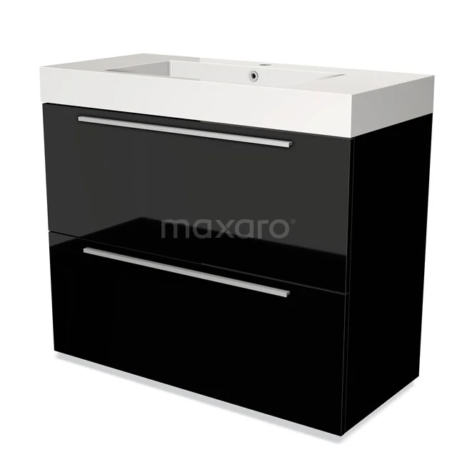 Modulo Waschtische | 100 cm Hochglanz Schwarz Flach front Mineralguss 2 hohe Schubladen übereinanderliegend BMW13-00831 Schwarze Badmöbelset mit glänzender Oberfläche, integriertem weißen Waschbecken und modernen Metallhaltegriffen.