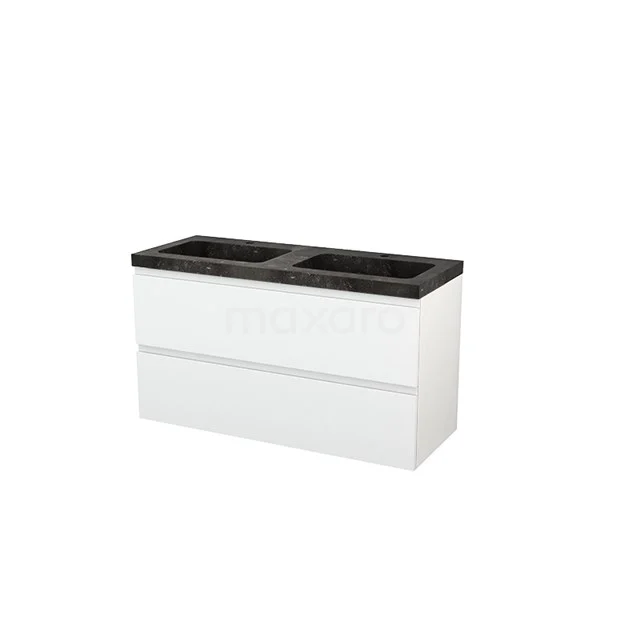 Modulo+ Vanity units with basin | 120 cm High-gloss white Handle-less front Natural stone 2 Stacked drawers BMP004331 White bathroom unit with double vanity units with basin in black, sleek design, part of modern bathroom furnishing series.