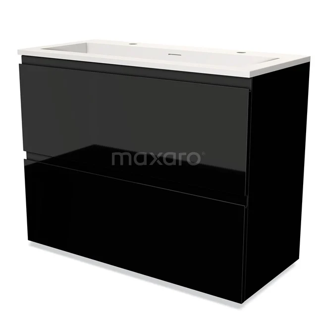 Black glossy bathroom furniture set with ceramic basin and two spacious drawers, ideal for modern bathroom design.