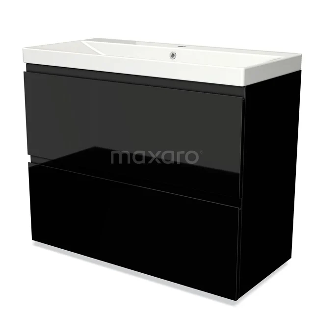 Black bathroom cabinet with two drawers, glossy finish and integrated basin, ideal for modern bathrooms.