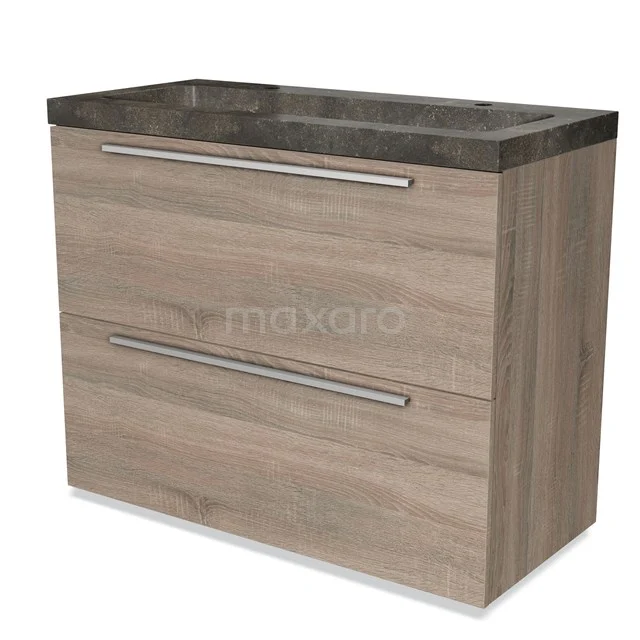 Wooden bathroom unit with two drawers, natural oak look, grey stone basin worktop, modern design, suitable for the bathroom.