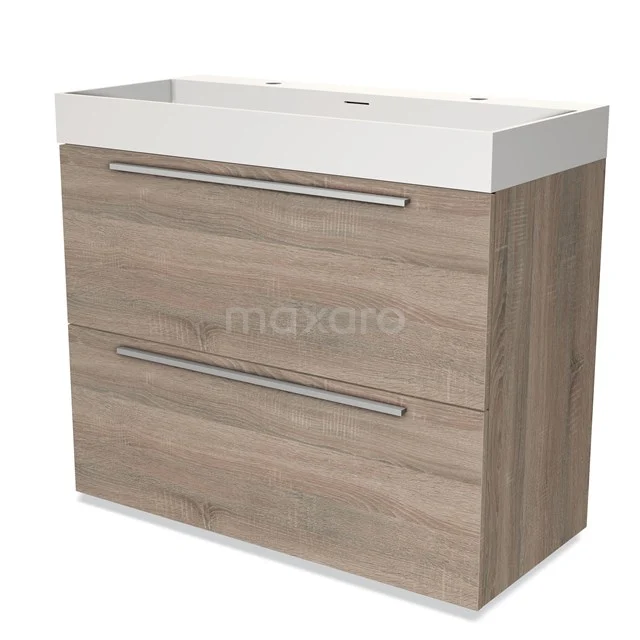 Wooden bathroom unit with two drawers and white basin worktop, modern design, ideal for stylish bathroom design.