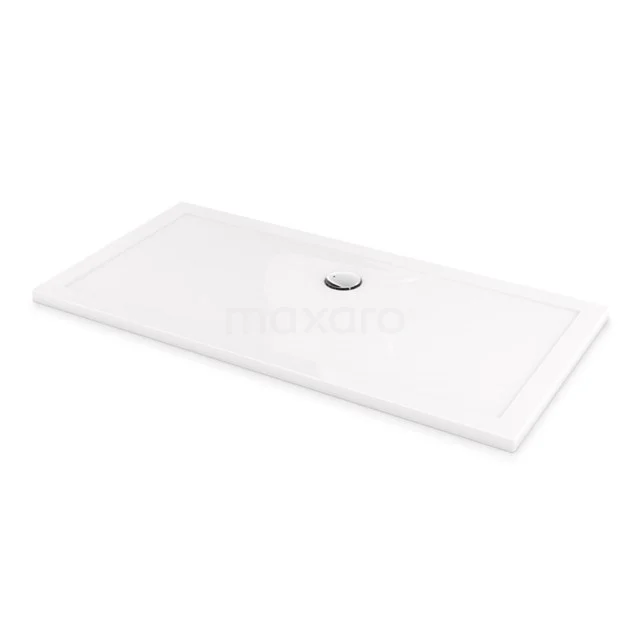Rechteckige, weiße Duschwanne mit Abfluss in der Mitte, aus nachhaltigem Acryl, ideal für moderne Bäder.