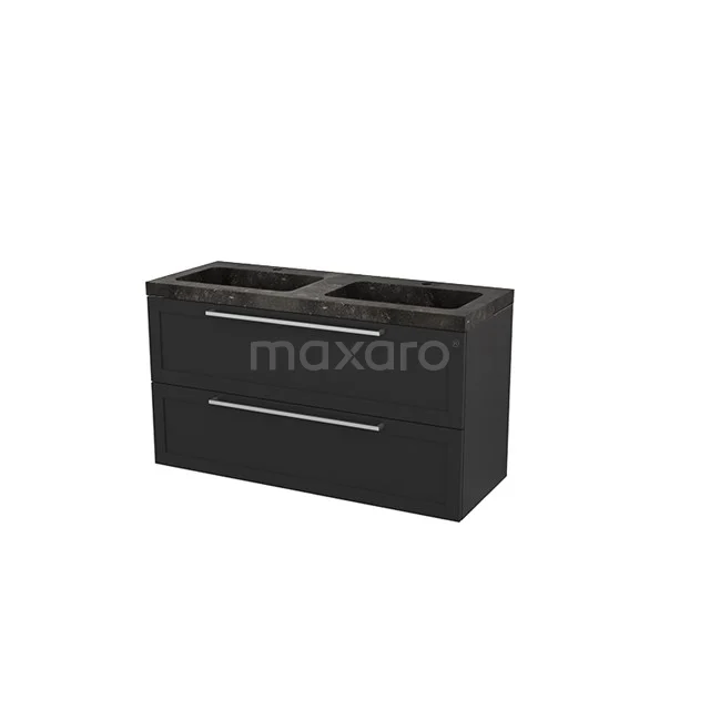 Modulo+ Vanity units with basin | 120 cm Carbon Frame front Natural stone 2 Stacked drawers BMP004335 Black bathroom unit with double sink, modern look, aluminium handles and soft-close drawers from the Milano series.
