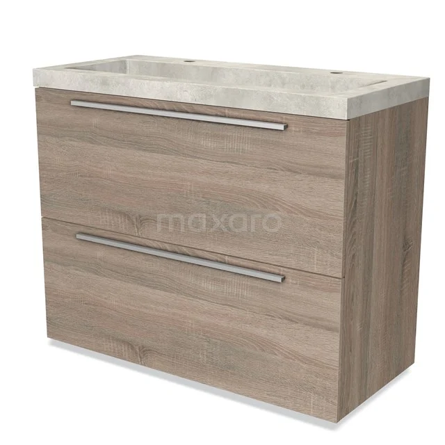 Wooden Bathroom unit with two drawers, silver handles and a white ceramic basin, ideal for modern bathrooms.