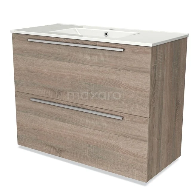 Wooden bathroom unit with two drawers, light oak finish, white ceramic basin and modern metal handles.