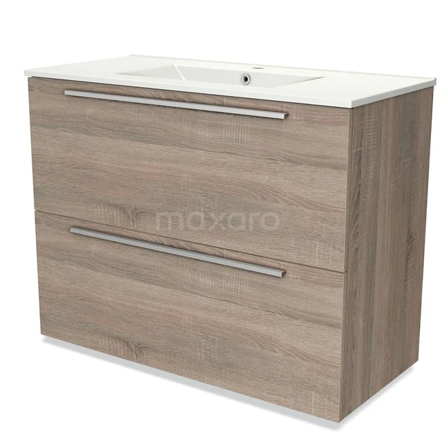 Wooden bathroom unit with sink, two drawers and sleek handles, finished in light wood colour for a modern bathroom style.