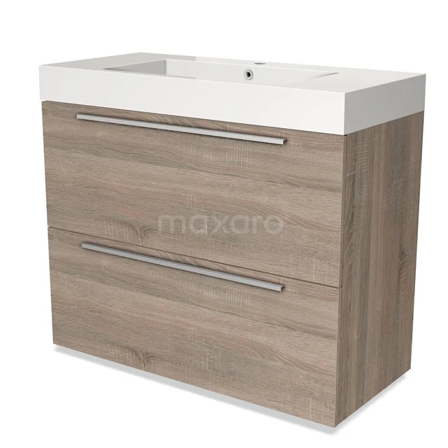 Wooden bathroom unit with two wide drawers and a white basin worktop, ideal for stylish bathroom storage.