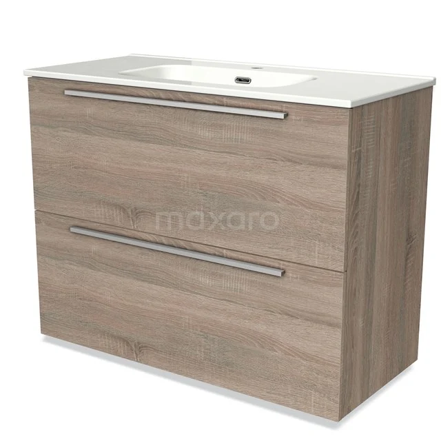 Wooden bathroom unit with two drawers, light wood colour, ceramic basin and modern design for a stylish bathroom.