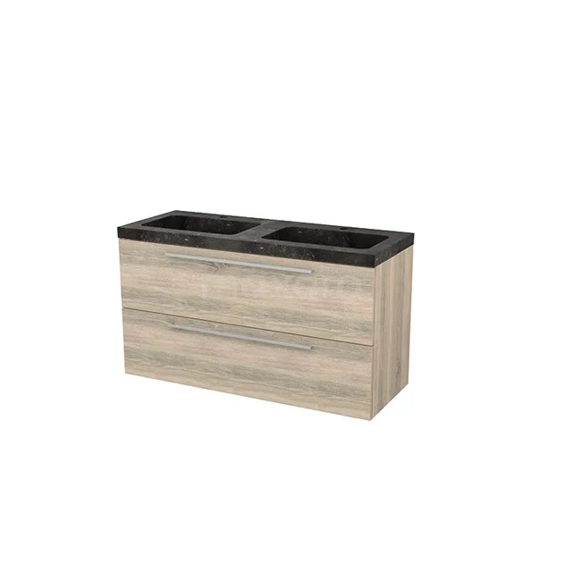 Wooden bathroom unit with double basin in black, modern design, ideal for stylish bathroom solutions.