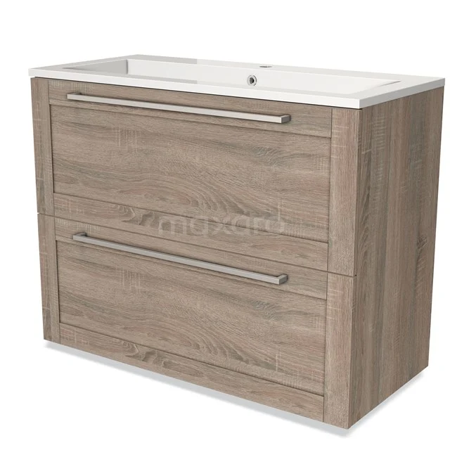 Wooden bathroom unit with double drawers, white basin and silver handles, ideal for a modern bathroom style.