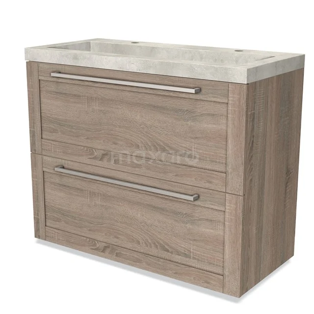 Holz-Badschrank mit zwei Schubladen und Natursteine Waschbecken, modernes Design und geeignet für einen eleganten Badezimmerstil.