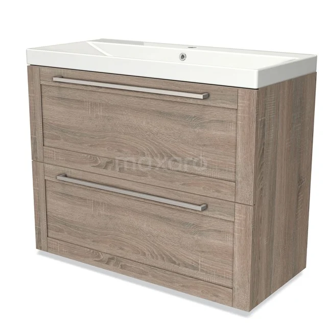 Wooden vanity unit in oak look with double drawer design and integrated basin, ideal for the modern bathroom.