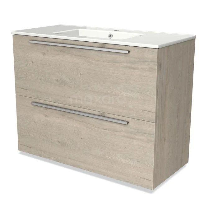 Wooden bathroom unit with white vanity units with basin, two wide drawers and metal handles. Modern design, suitable for any bathroom.