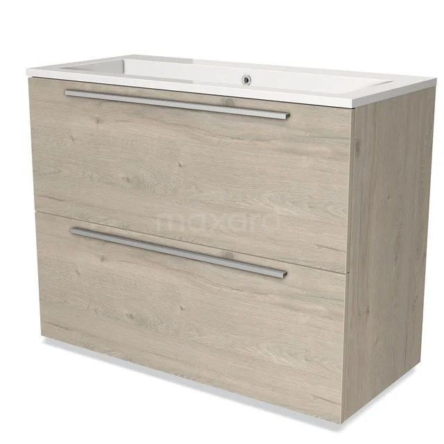 Wooden bathroom unit with two drawers, modern beige wood look and integrated ceramic basin. Perfect for bathroom storage.