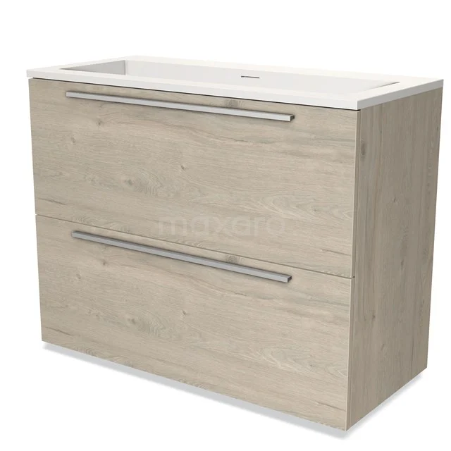 Bathroom unit wood-look with two drawers, wide metal handles and ceramic basin, ideal for any modern bathroom.