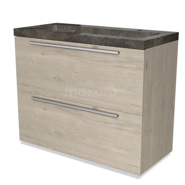 Wooden bathroom unit with two drawers, grey vanity units with basin and metal handles, modern design from the Naturel series.