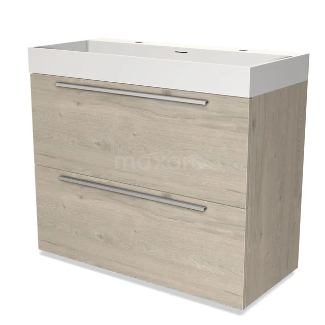 Light wood bathroom unit with white integrated vanity units with basin and two spacious drawers, sleek design for modern bathrooms.