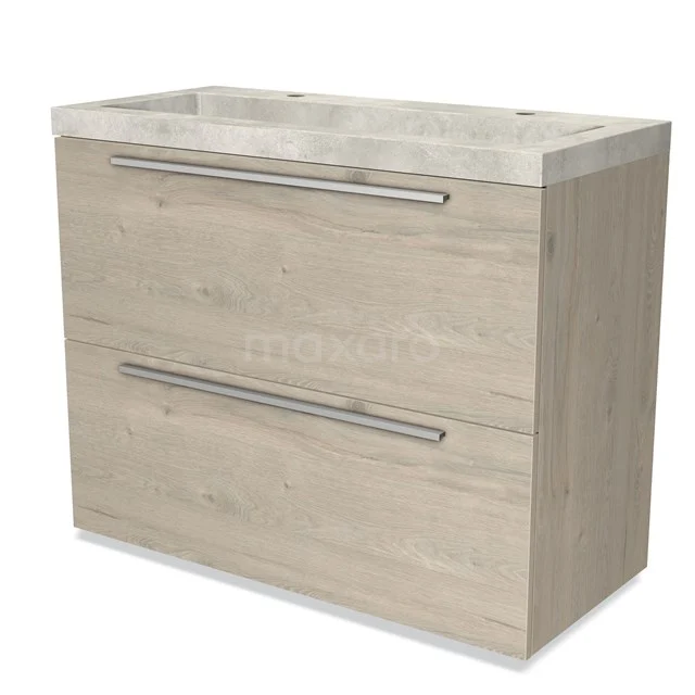 Wooden bathroom unit with two drawers, light oak colour, with natural stone basin, modern and sleek design.
