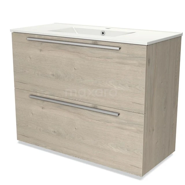 Light wooden bathroom unit with double basin and ceramic drawers, ideal for stylish and practical bathroom design.