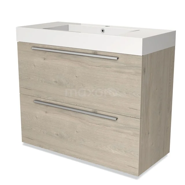 Wooden bathroom unit with two drawers and integrated white vanity units with basin, ideal for stylish bathroom storage.