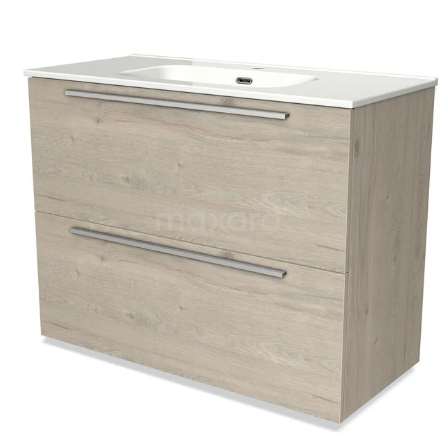 Wooden bathroom unit with double drawers and white vanity units with basin, modern design and fitted with metal handles.
