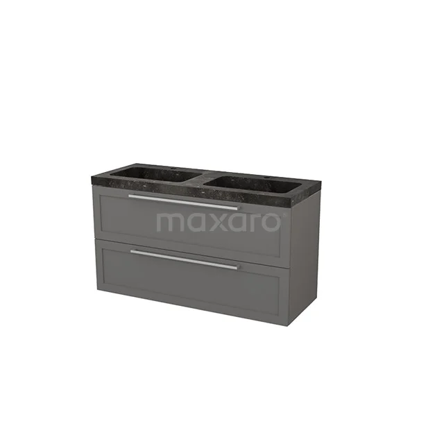 Grey bathroom furniture set with double basin, modern design, two drawers and black finish. Perfect for stylish bathrooms.