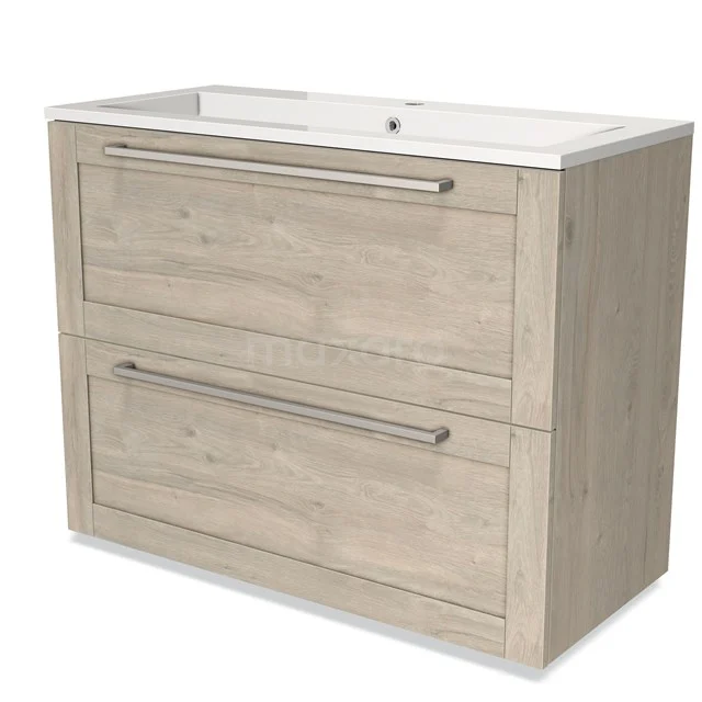 Holz Badezimmermöbel mit zwei Schubladen und weißem Waschbecken, moderne Eiche-Look-Oberfläche für ein stilvolles Badezimmer.