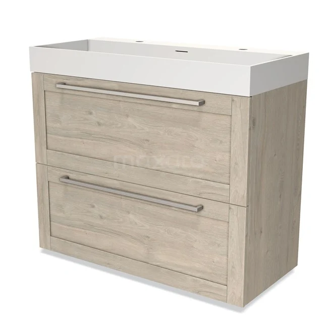 Modulo Waschtische | 100 cm Hellgraue Eiche Rahmen front Solid Surface 2 hohe Schubladen übereinanderliegend BMW13-00944 Holz-Badmöbel mit Waschbecken, helle Eichenholzoptik, zwei Schubladen mit Metallgriffen, schlankes Design für moderne Bäder.