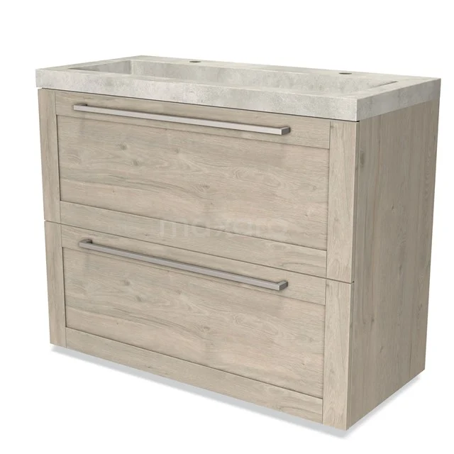 Wooden bathroom unit with two drawers, light oak finish, fitted with metal handles and a white ceramic basin.