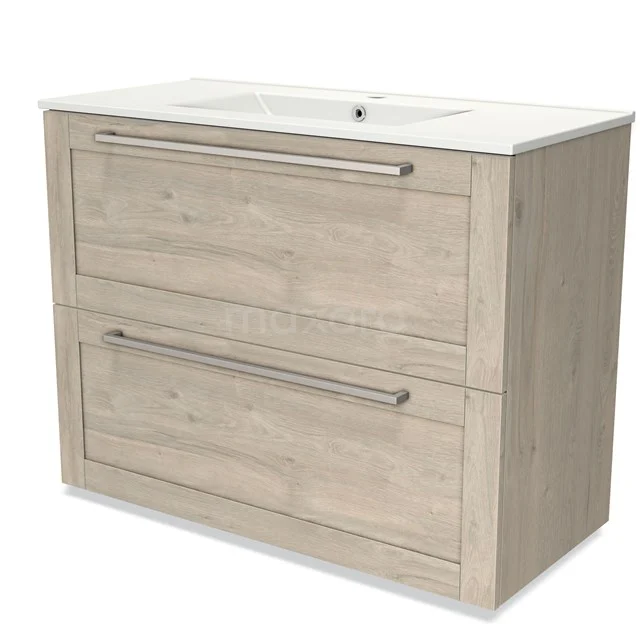 Wooden bathroom unit with light oak finish, two drawers and integrated vanity units with basin made of ceramic.