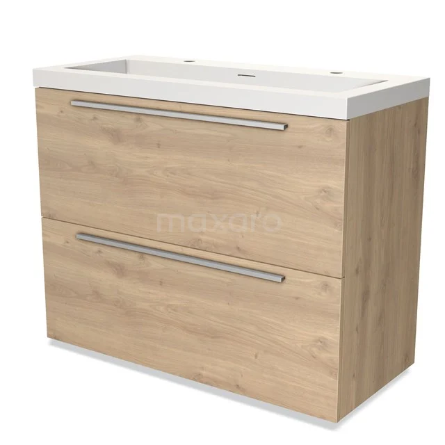 Houten badmeubel met twee lades, licht eiken kleur, metalen handgrepen en keramische wastafel, ideaal voor elke badkamer.