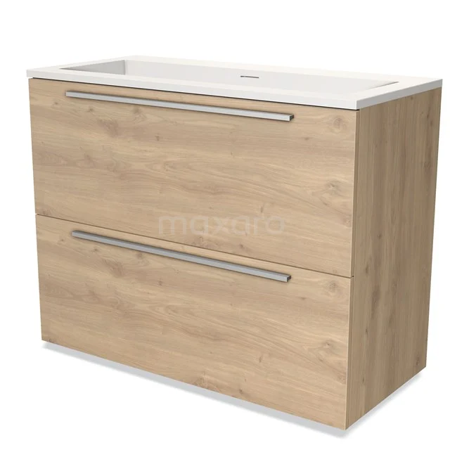 Eikenhouten badkamermeubel met witte keramische wastafel, twee lades en metalen grepen voor een moderne badkamerstijl.