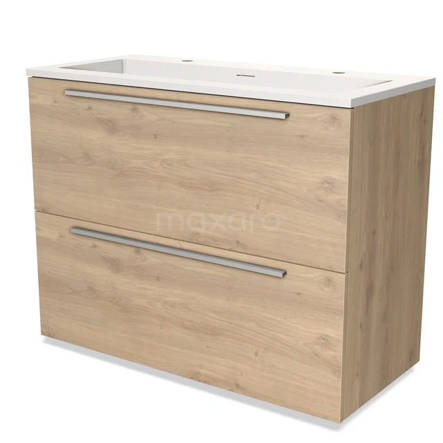 Houten badkamermeubel met twee lades, licht eiken afwerking, metalen grepen en een wit keramische wastafelblad.