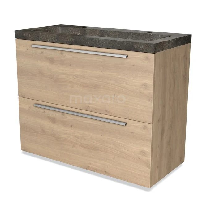 Houten badkamermeubel met twee lades, zwart marmeren wastafelblad, modern design, ideaal voor stijlvolle badkamerinrichting.