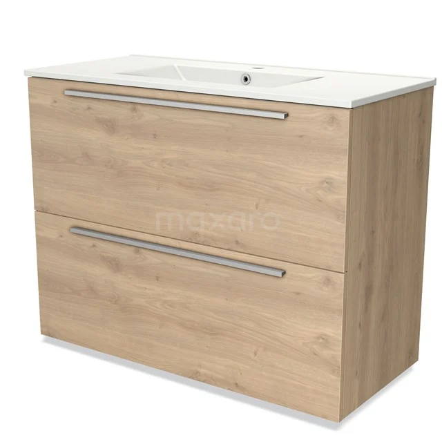 Houten badkamermeubel met twee lades, licht eiken afwerking, inclusief geïntegreerde wastafel en strak metalen handgrepen.
