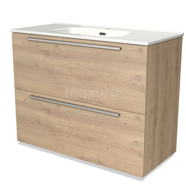 Houten badkamermeubel met wastafel, eiken look, twee lades met metalen grepen voor stijlvolle en praktische badkameropslag.
