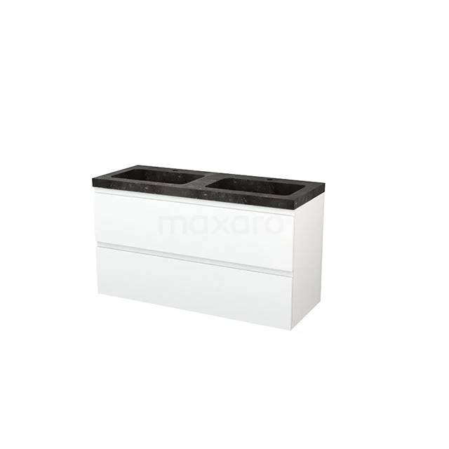 White bathroom unit with two black basin bowls, modern look, from premium series, ideal for sleek bathroom design.