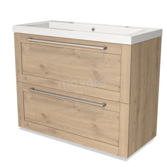 Modulo Bathroom furniture with sink | 100 cm Light brown oak Frame front Mineral marble 2 stacked drawers under each other BMW13-00976 Wooden bathroom unit with two drawers, metal handles and white vanity units with basin; modern design in light oak colour.