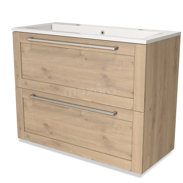 Modulo Bathroom furniture with sink | 100 cm Light brown oak Frame front Mineral marble 2 stacked drawers under each other BMW13-00979 Wooden bathroom unit with two drawers, light oak colour, integrated vanity units with basin and modern metal accent.