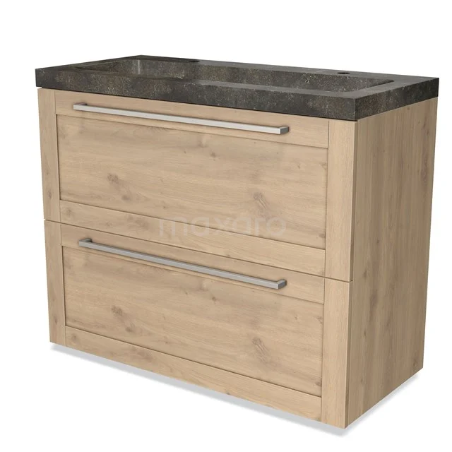 Wooden bathroom unit with two drawers, natural Oak finish and dark stone basin worktop, modern design.