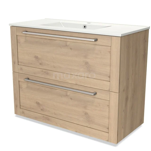 Modulo Bathroom furniture with sink | 100 cm Light brown oak Frame front Ceramic 2 stacked drawers under each other BMW13-00990 Wooden bathroom unit with two drawers, oak-look finish and built-in vanity units with basin, perfect for modern bathroom design.