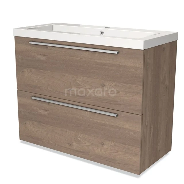 Houten badkamermeubel met 2 lades, eikenlook, witte keramische wastafel en chromen grepen, modern design.