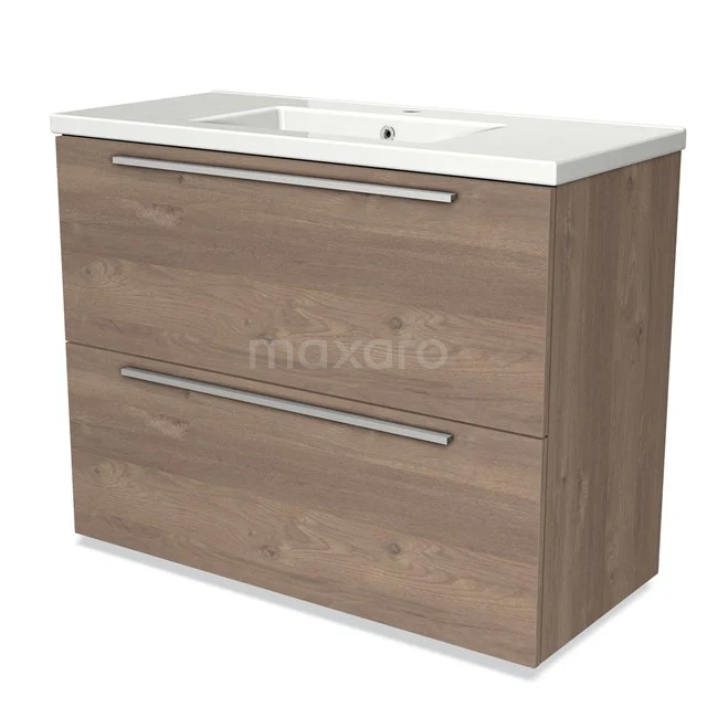Wooden bathroom unit with two drawers, modern design and white ceramic basin, ideal for stylish bathroom storage.