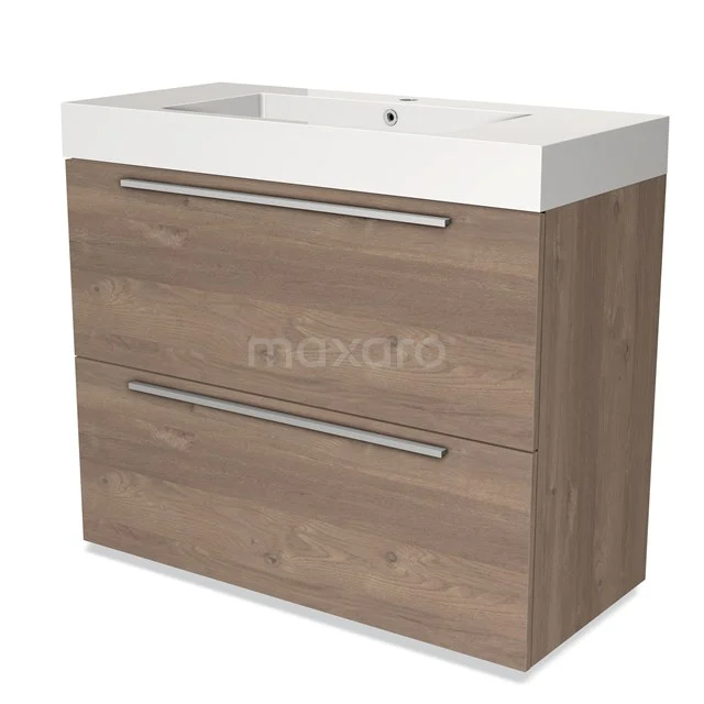 Houten badkamermeubel met twee lades, natuurhout-look, geïntegreerde wastafel en chrome handgrepen, ideaal voor moderne badkamers.