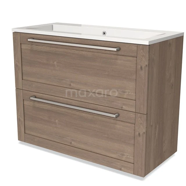 Modulo Vanity units with basin | 100 cm Mid brown oak Frame front Mineral marble 2 stacked drawers under each other BMW13-01017 Wooden bathroom unit with two drawers and white ceramic basin, modern design for stylish bathroom storage.