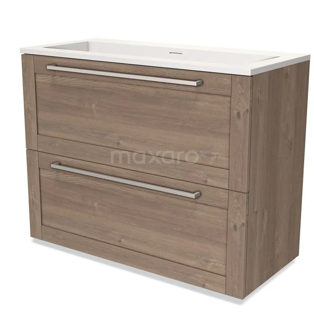 Holz Badezimmermöbel mit zwei Schubladen, modernes Design, weißes Waschbecken und metallische Haltegriffe für stilvolle Badezimmerlagerung.